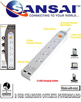 SANSAI 4 Way Surge Protected Power Board with 2 USB Outlets